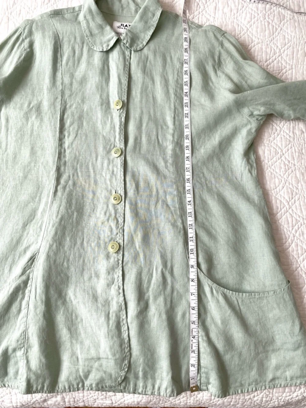 Flax 100% Sage Green Linen Button Front Tunic Shirt Top Long Sleeve Size L - Picture 8 of 16